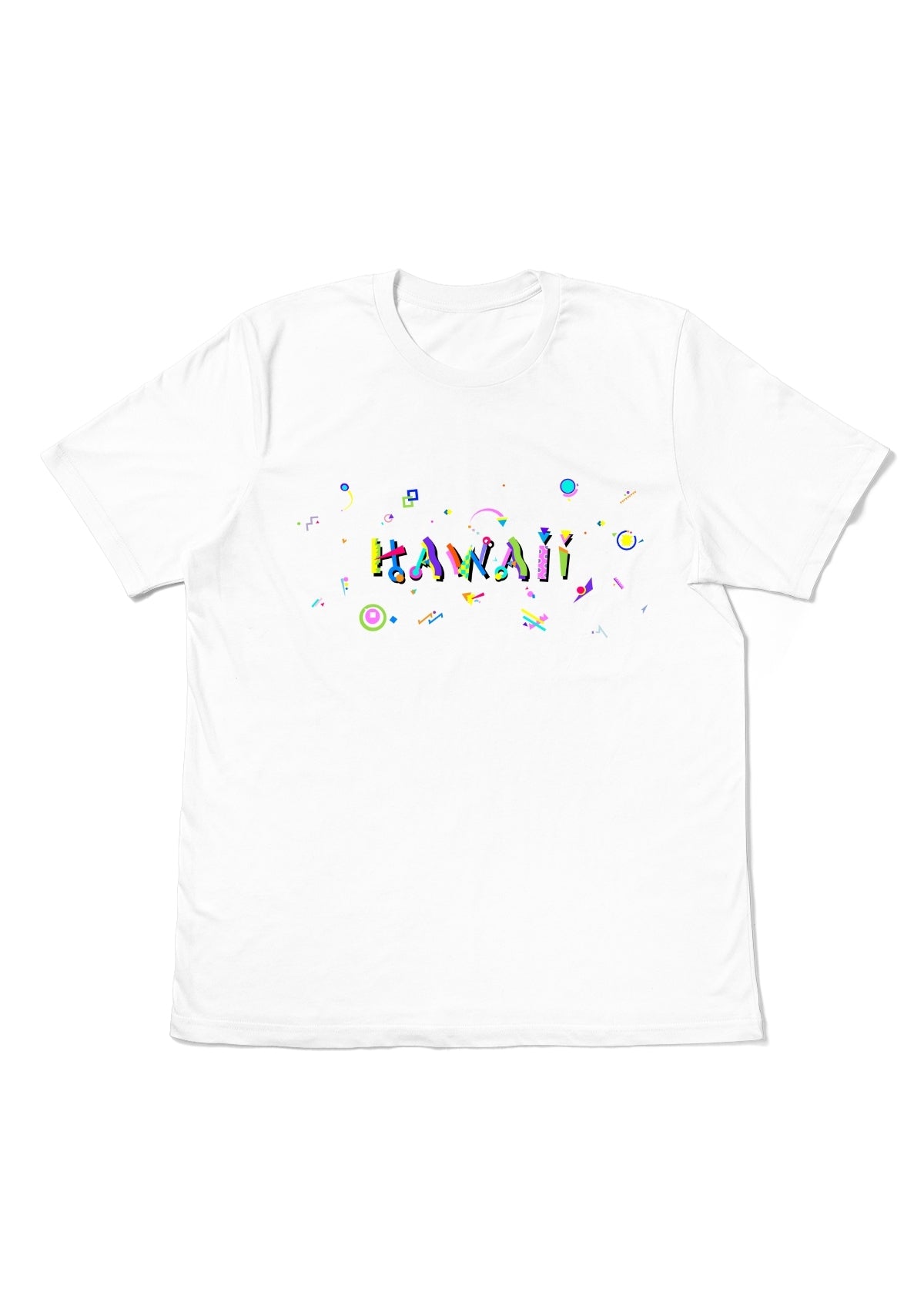 HAWAII, printed colorful Memphis font white flat tee