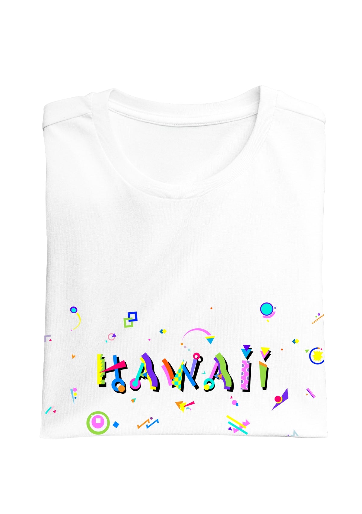 HAWAII printed in colorful letters - Memphis style fonts - white-folded-tee