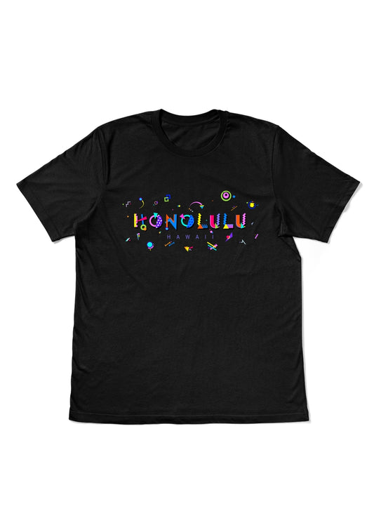 HONOLULU, HAWAII, printed colorful Memphis style font black flat tee