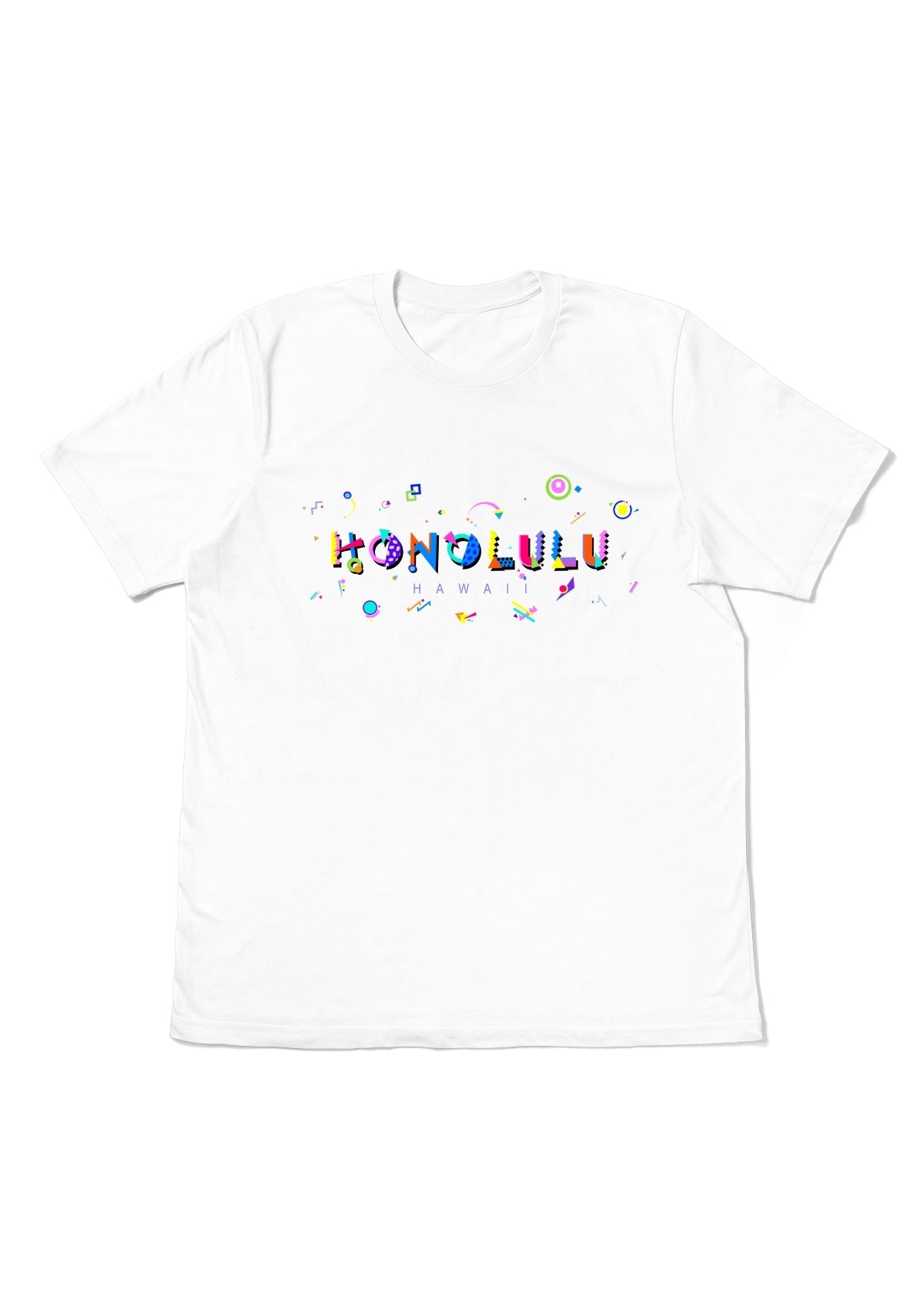 HONOLULU, HAWAII, printed colorful Memphis font white flat tee