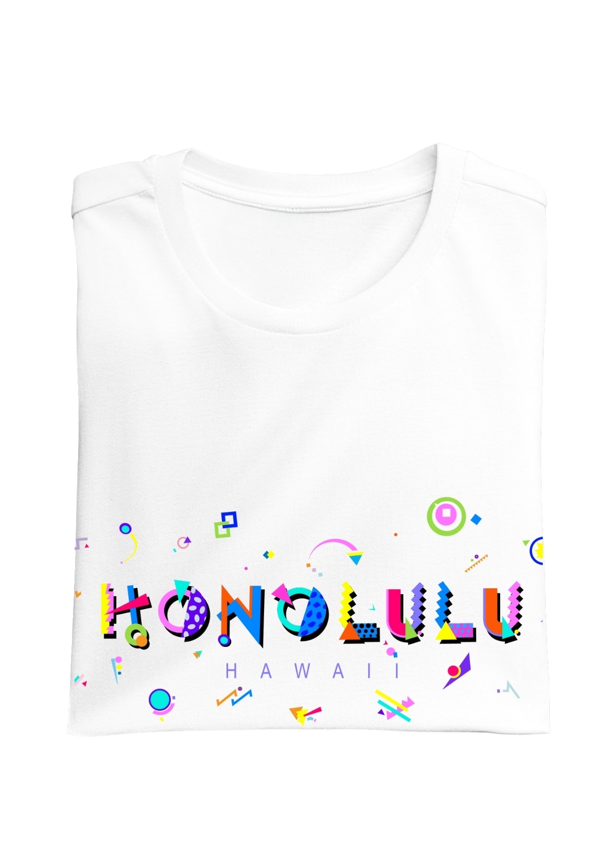 HONOLULU, HAWAII, colorful Memphis Style Font on white folded tee