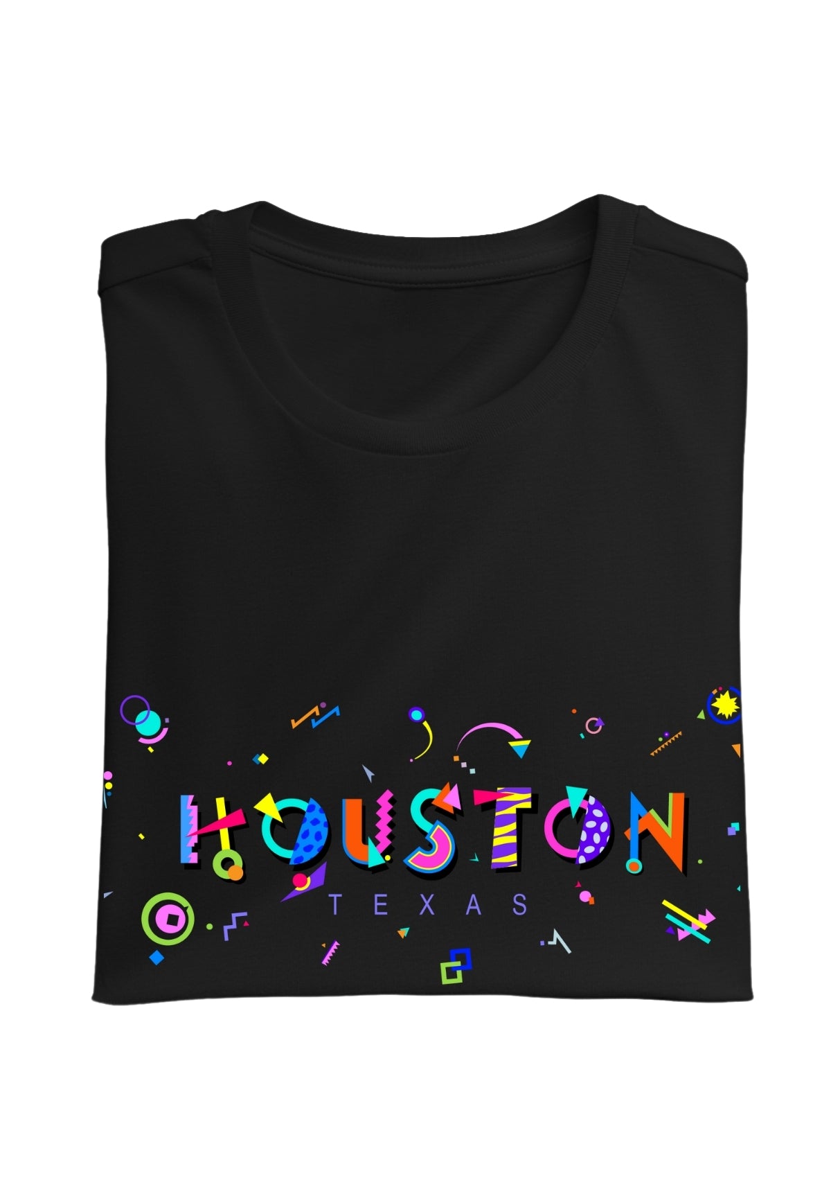 HOUSTON, TEXAS, printed colorful Memphis font black folded tee
