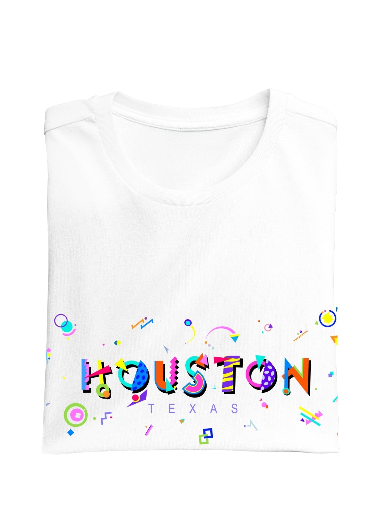 HOUSTON, TEXAS, colorful Memphis Style Font on white folded tee