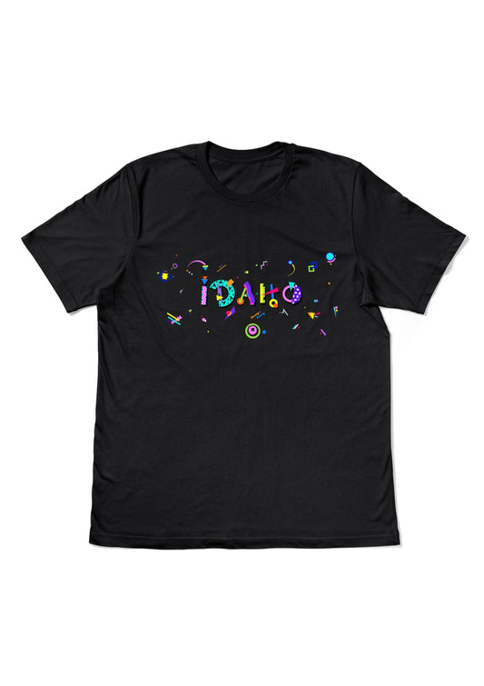 IDAHO, printed colorful Memphis style font black flat tee