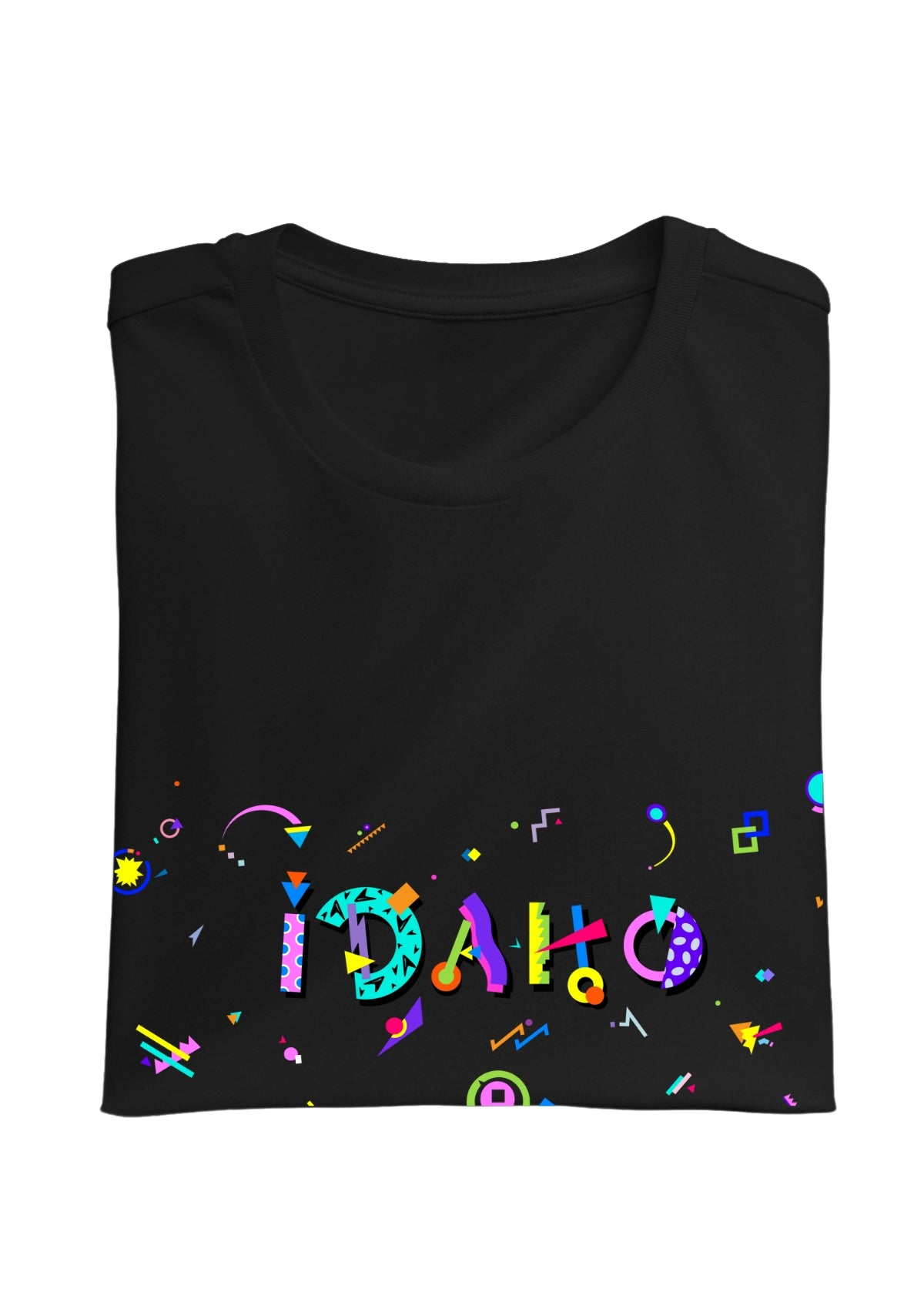 IDAHO, printed colorful Memphis font black folded tee