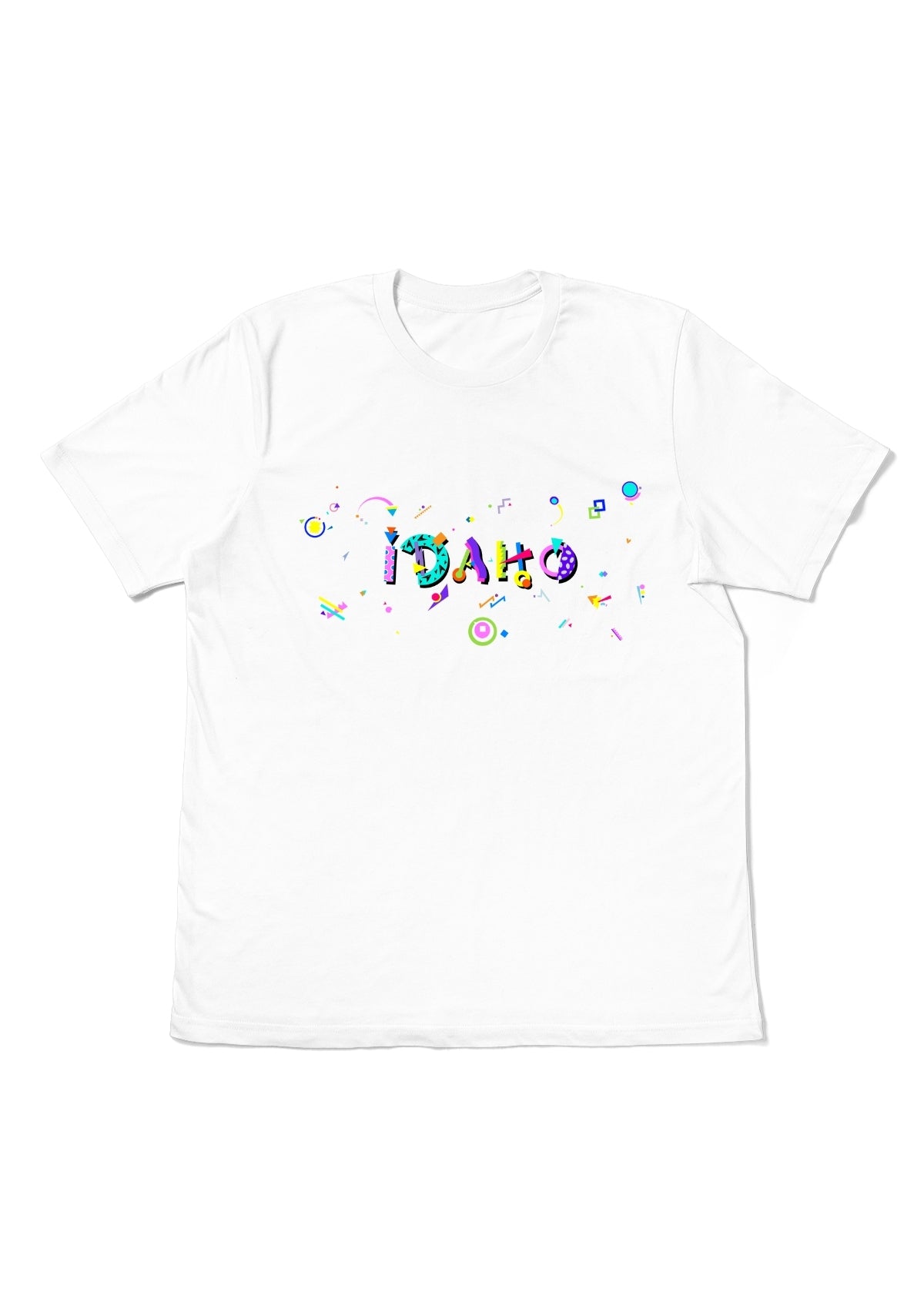 IDAHO, printed colorful Memphis font white flat tee