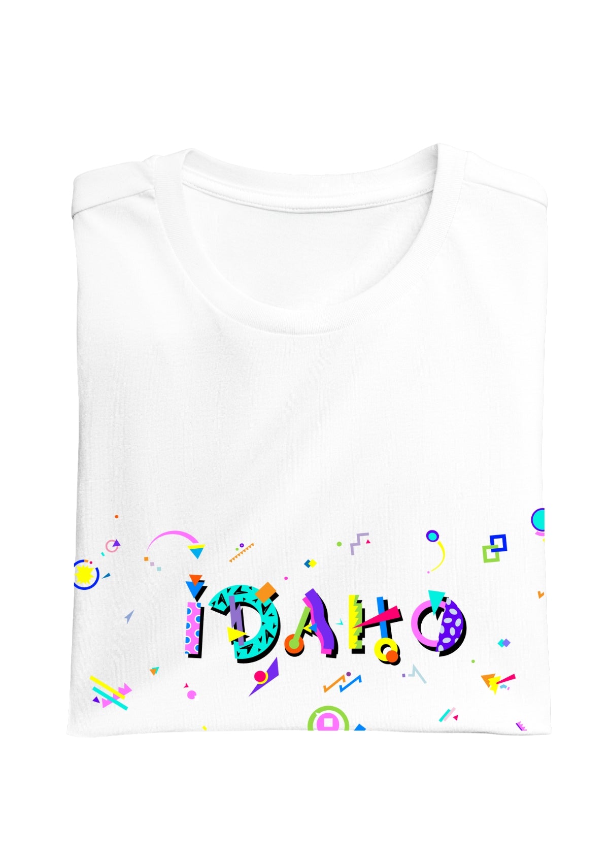 IDAHO printed in colorful letters - Memphis style fonts - white-folded-tee