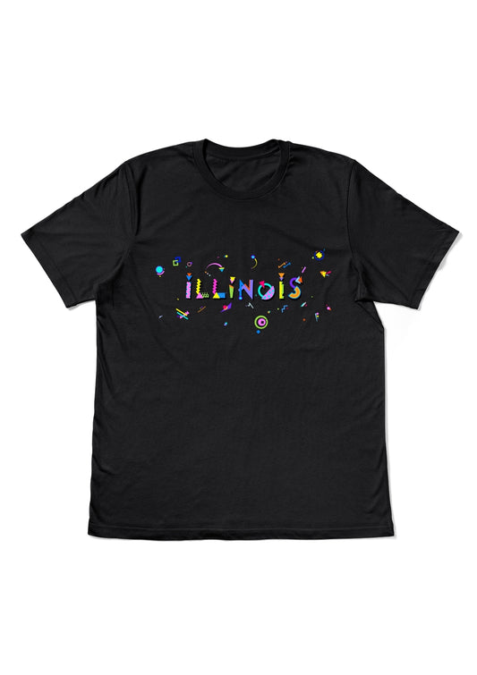ILLINOIS, printed colorful Memphis style font black flat tee