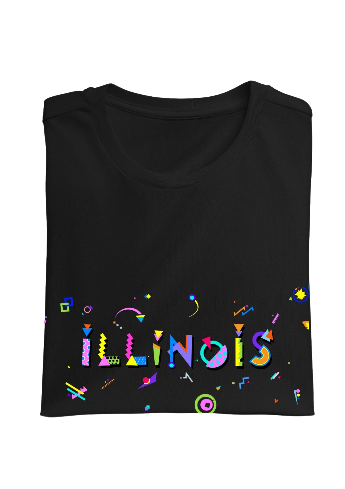 ILLINOIS, printed colorful Memphis font black folded tee