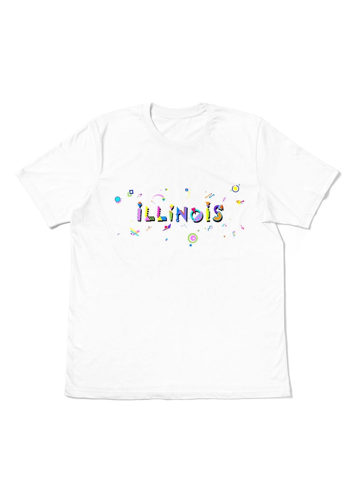 ILLINOIS, printed colorful Memphis font white flat tee