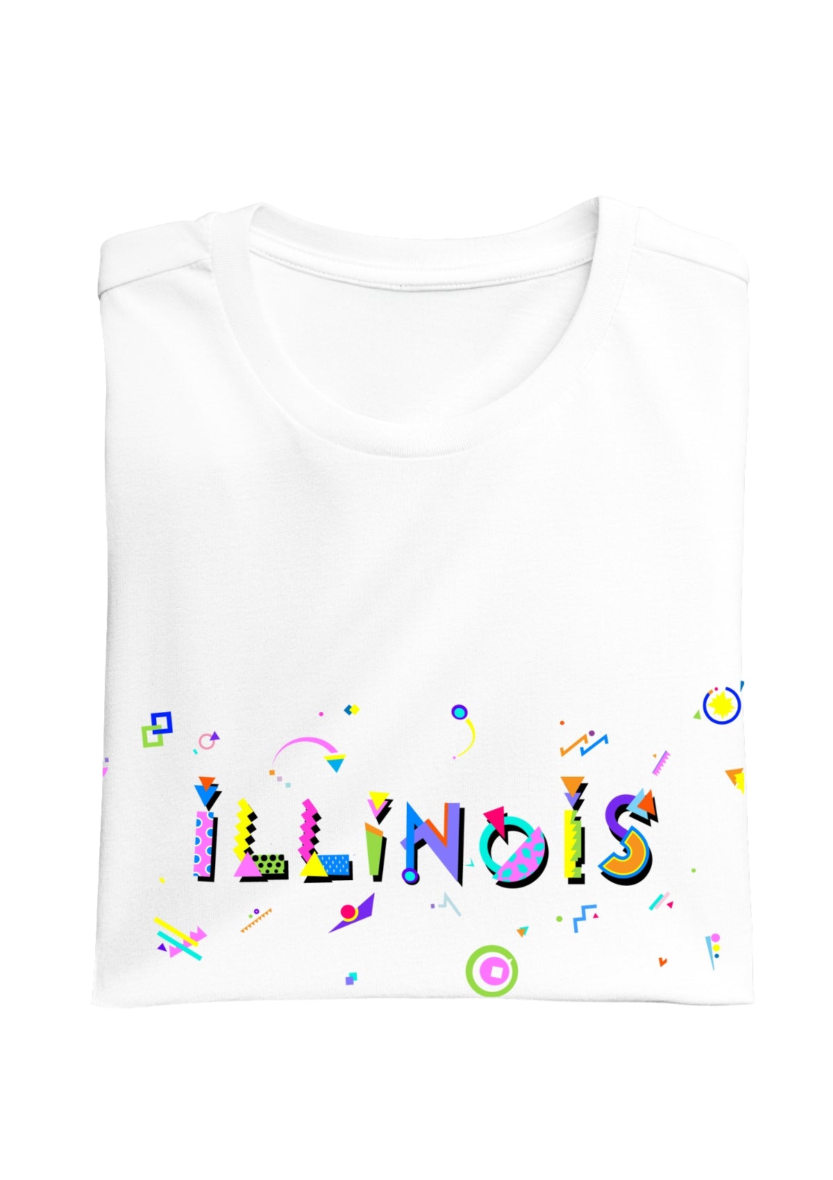 ILLINOIS printed in colorful letters - Memphis style fonts - white-folded-tee