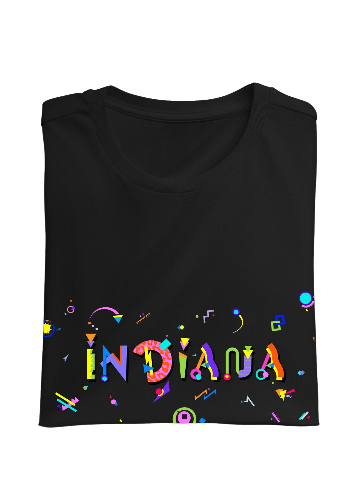 INDIANA, printed colorful Memphis font black folded tee