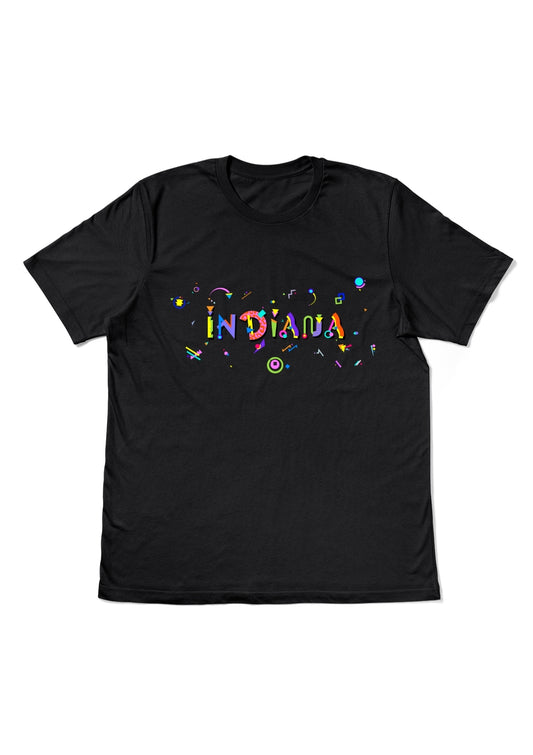 INDIANA, printed colorful Memphis style font black flat tee
