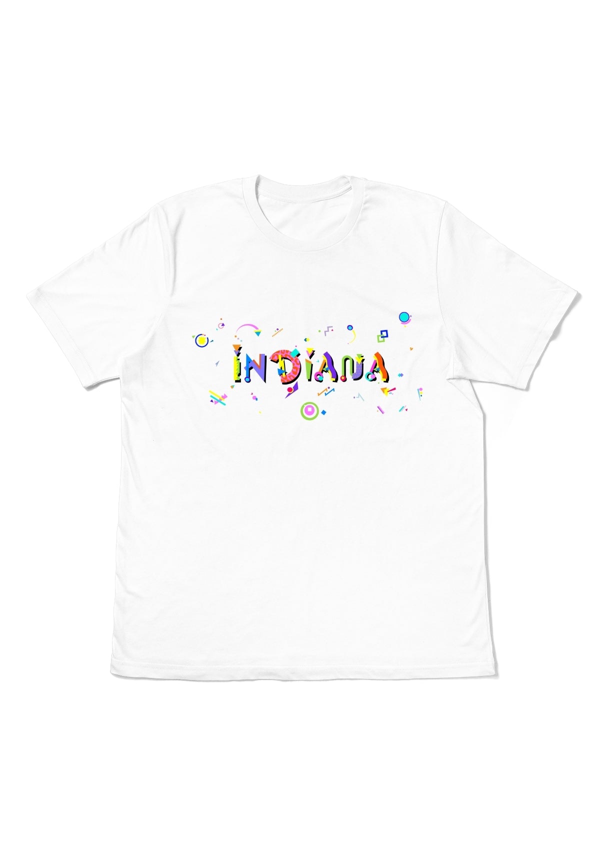 INDIANA, printed colorful Memphis font white flat tee