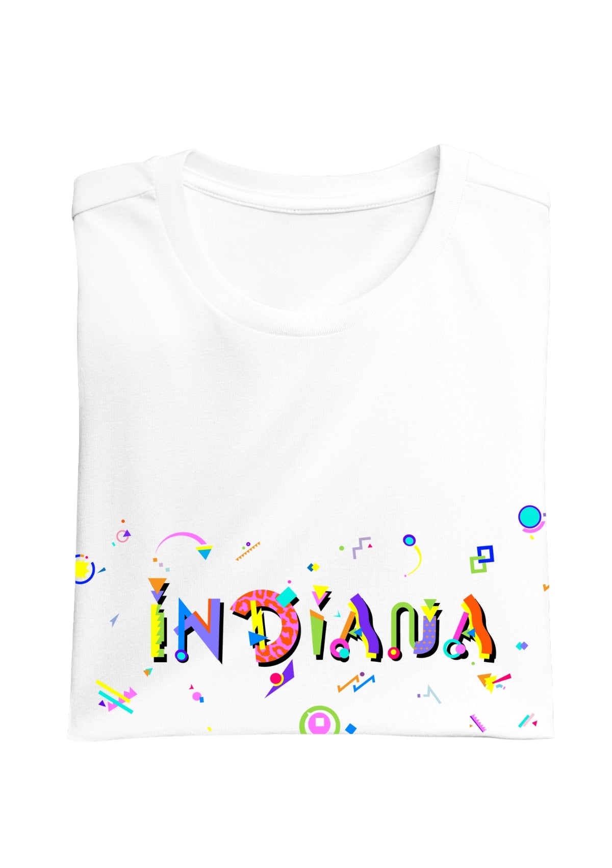 INDIANA printed in colorful letters - Memphis style fonts - white-folded-tee