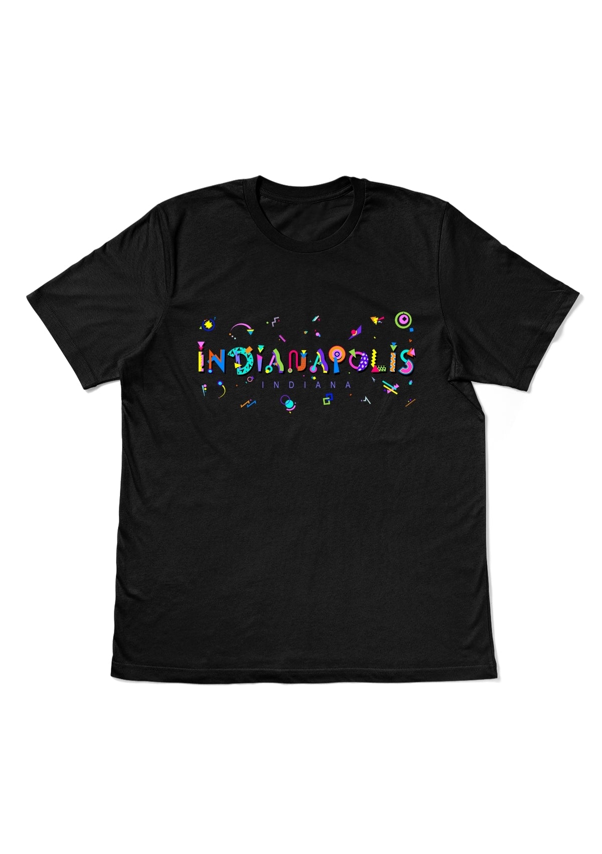INDIANAPOLIS, INDIANA, printed colorful Memphis style font black flat tee