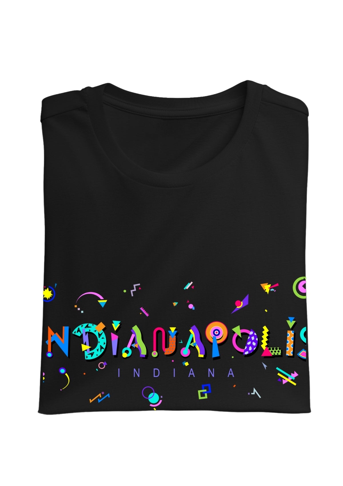 INDIANAPOLIS, INDIANA, printed colorful Memphis font black folded tee