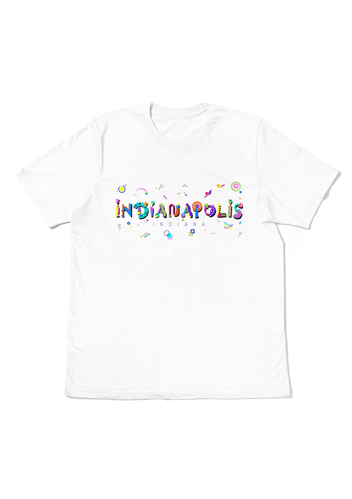INDIANAPOLIS, INDIANA, printed colorful Memphis font white flat tee