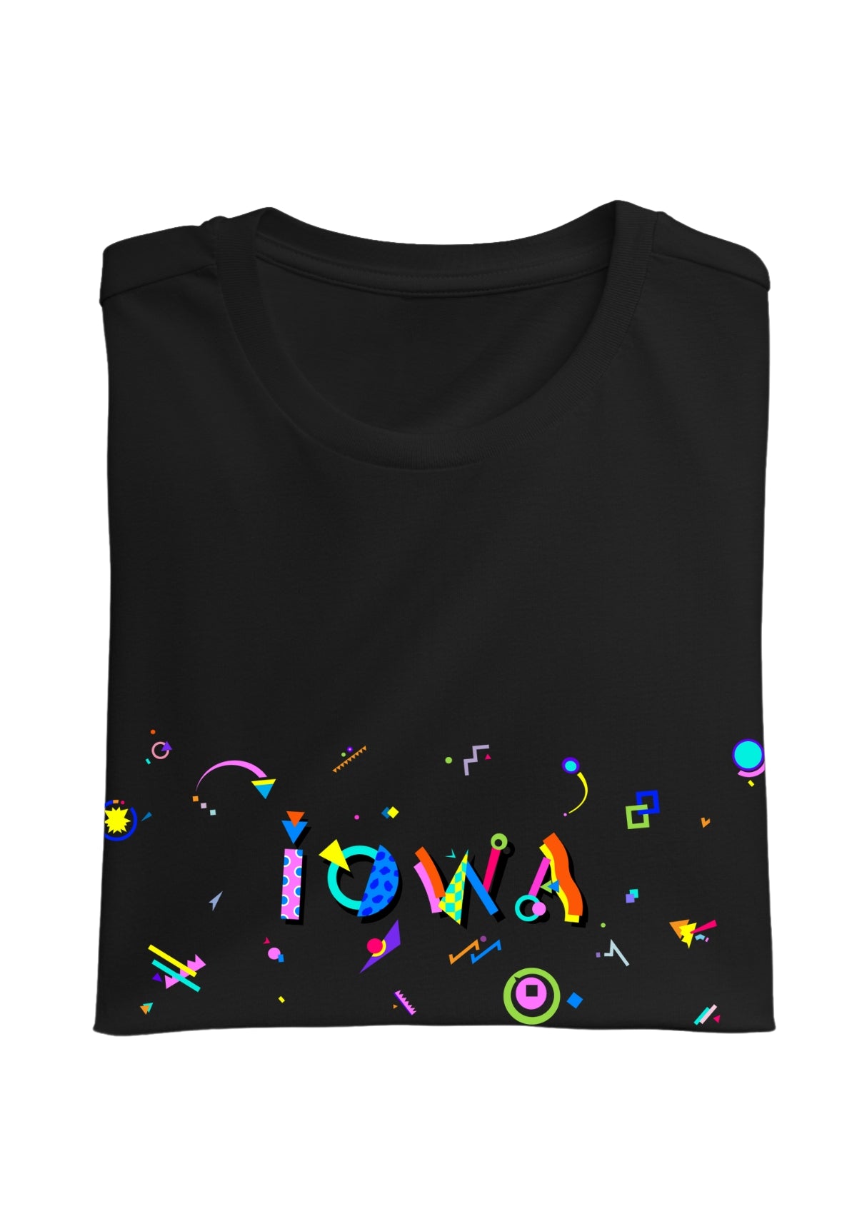 IOWA, printed colorful Memphis font black folded tee