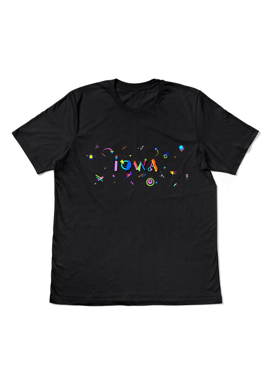 IOWA, printed colorful Memphis style font black flat tee
