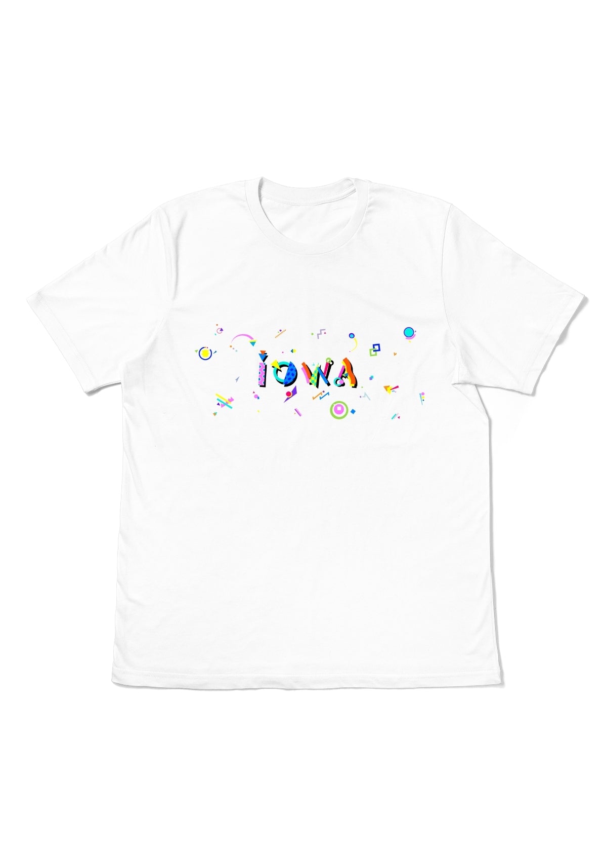 IOWA, printed colorful Memphis font white flat tee