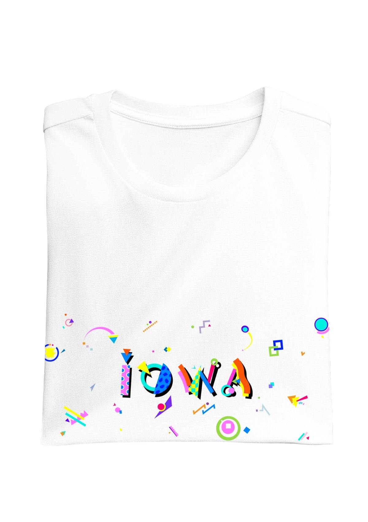 IOWA printed in colorful letters - Memphis style fonts - white-folded-tee