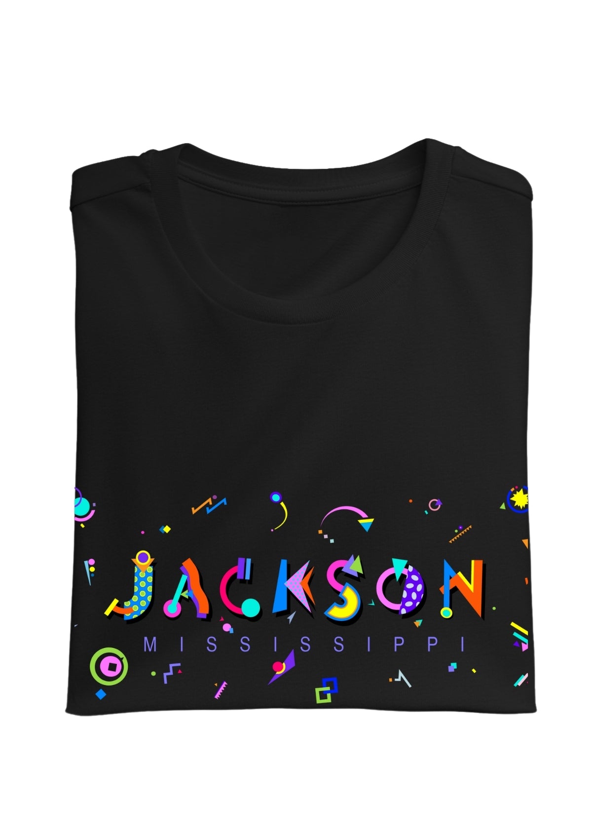 JACKSON, MISSISSIPPI, printed colorful Memphis font black folded tee