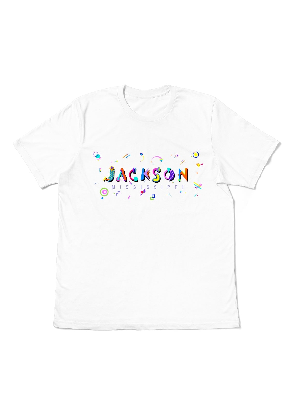 JACKSON, MISSISSIPPI, printed colorful Memphis font white flat tee