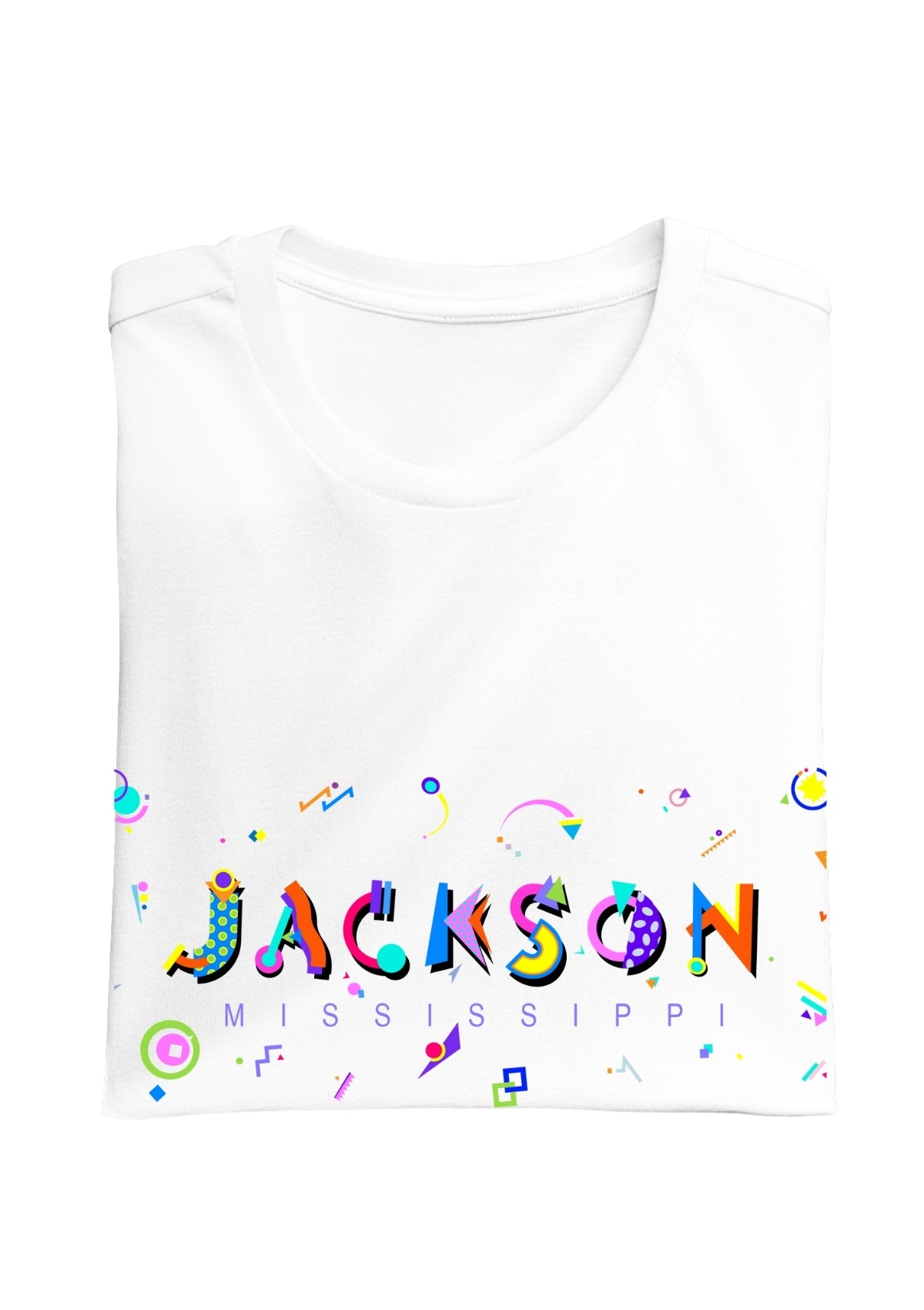 JACKSON, MISSISSIPPI, colorful Memphis Style Font on white folded tee