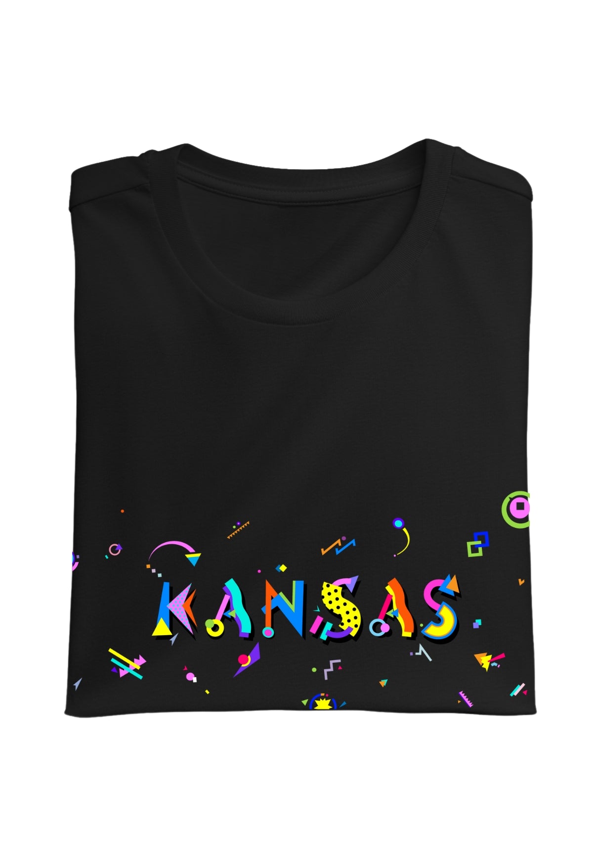 KANSAS, printed colorful Memphis font black folded tee