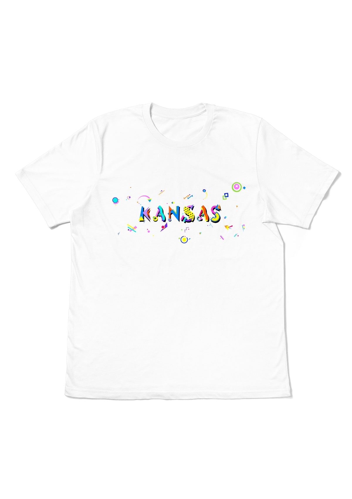 KANSAS, printed colorful Memphis font white flat tee