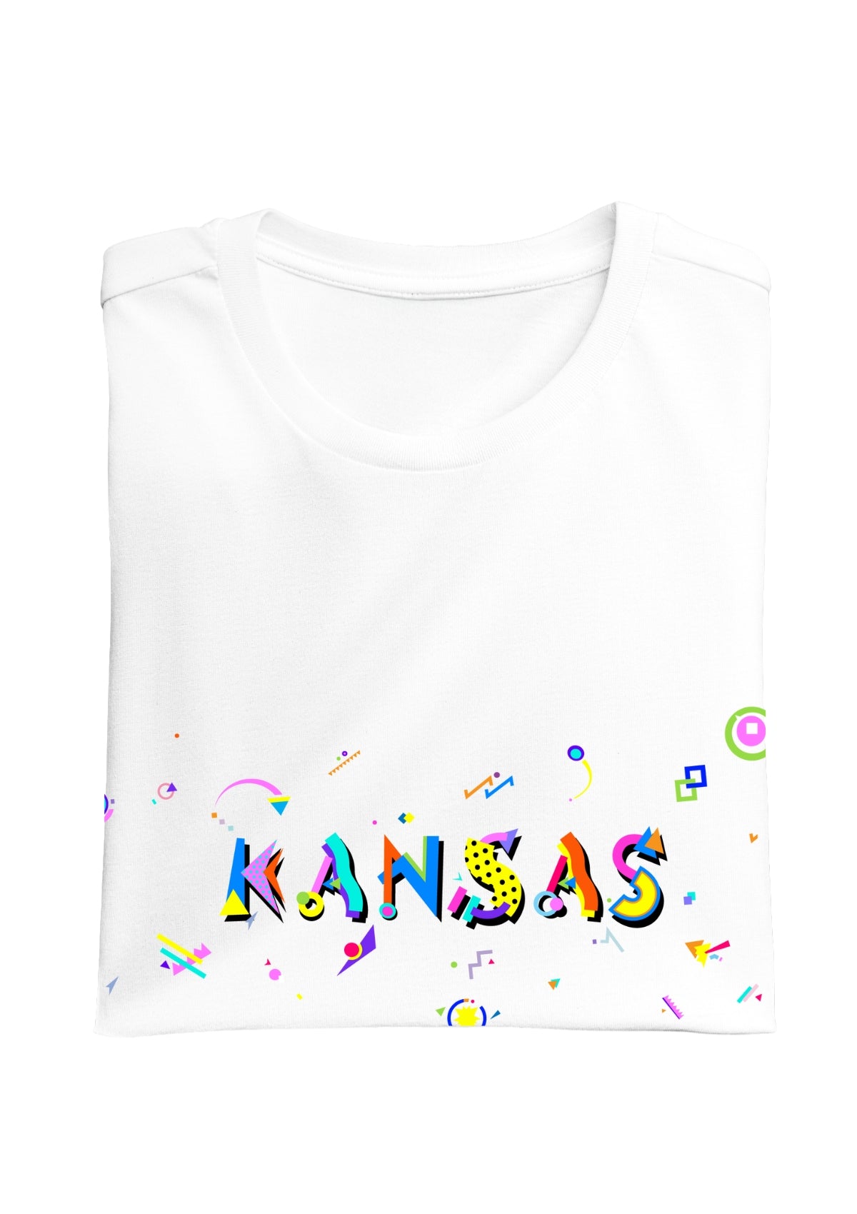 KANSAS printed in colorful letters - Memphis style fonts - white-folded-tee