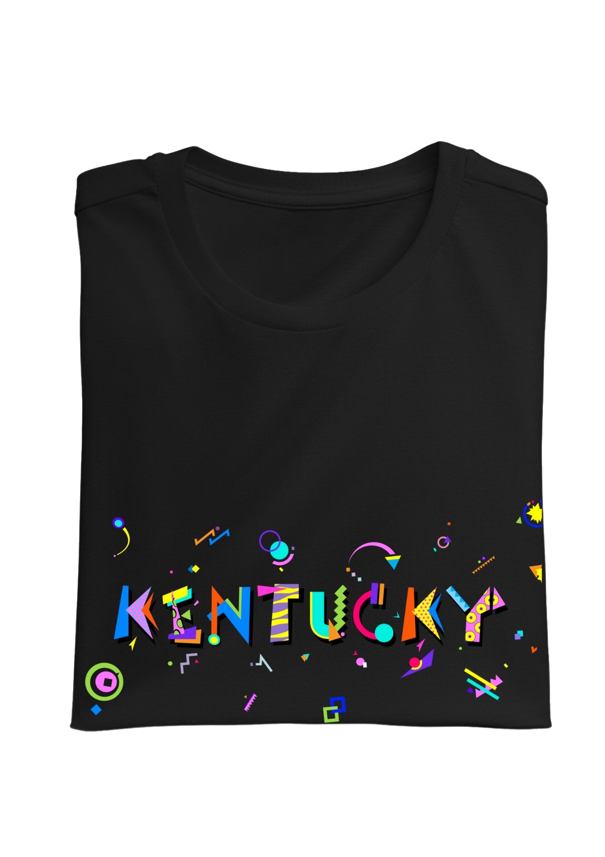 KENTUCKY, printed colorful Memphis font black folded tee