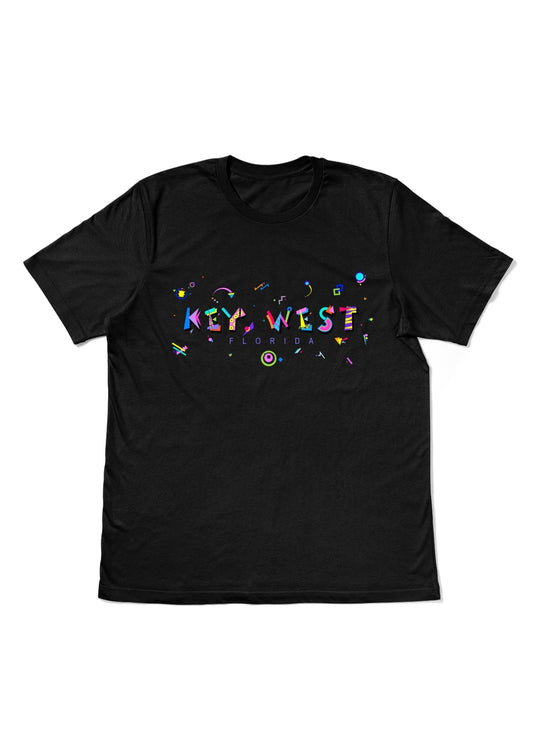 KEY WEST, FLORIDA, printed colorful Memphis style font black flat tee