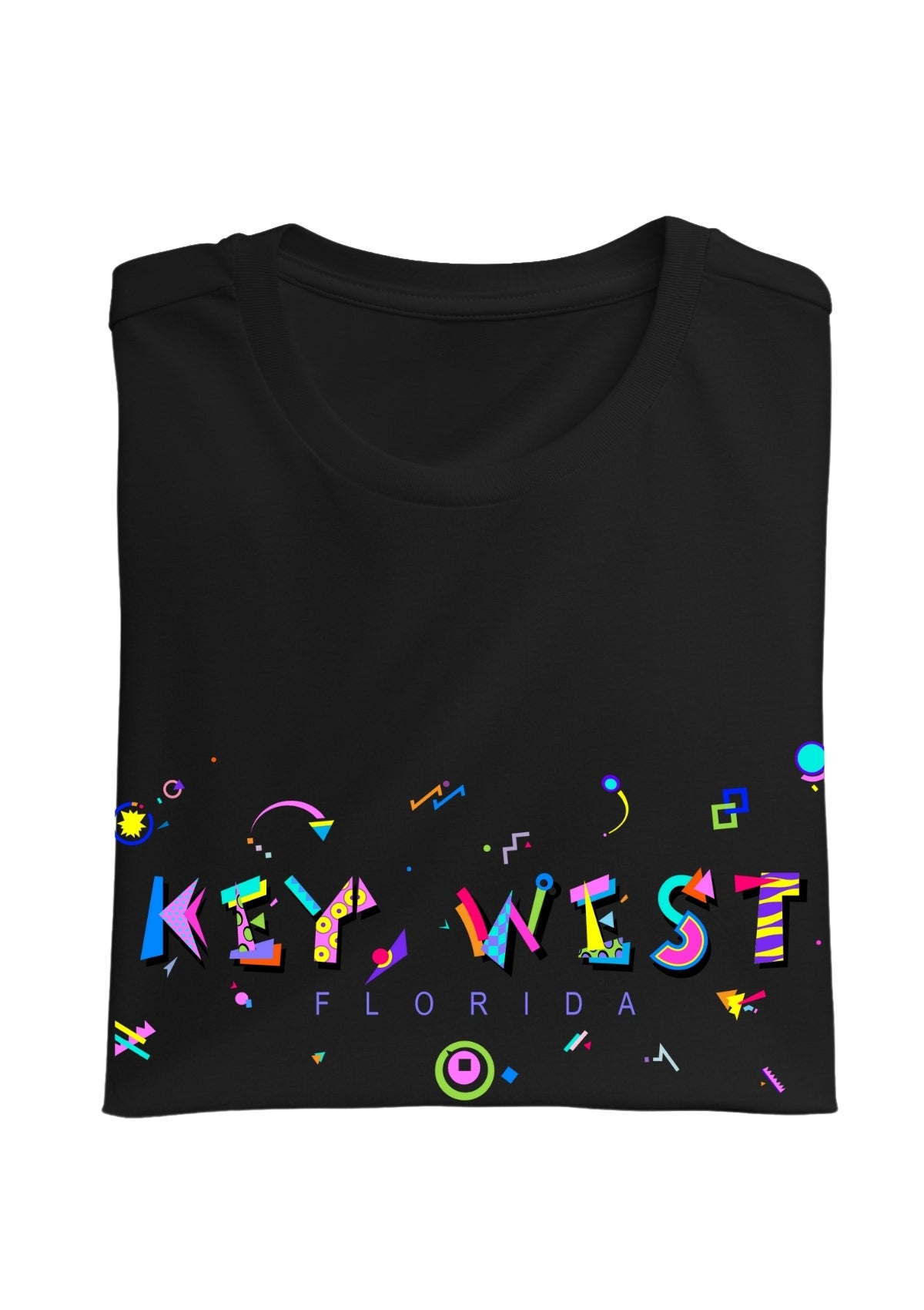 KEY WEST, FLORIDA, printed colorful Memphis font black folded tee