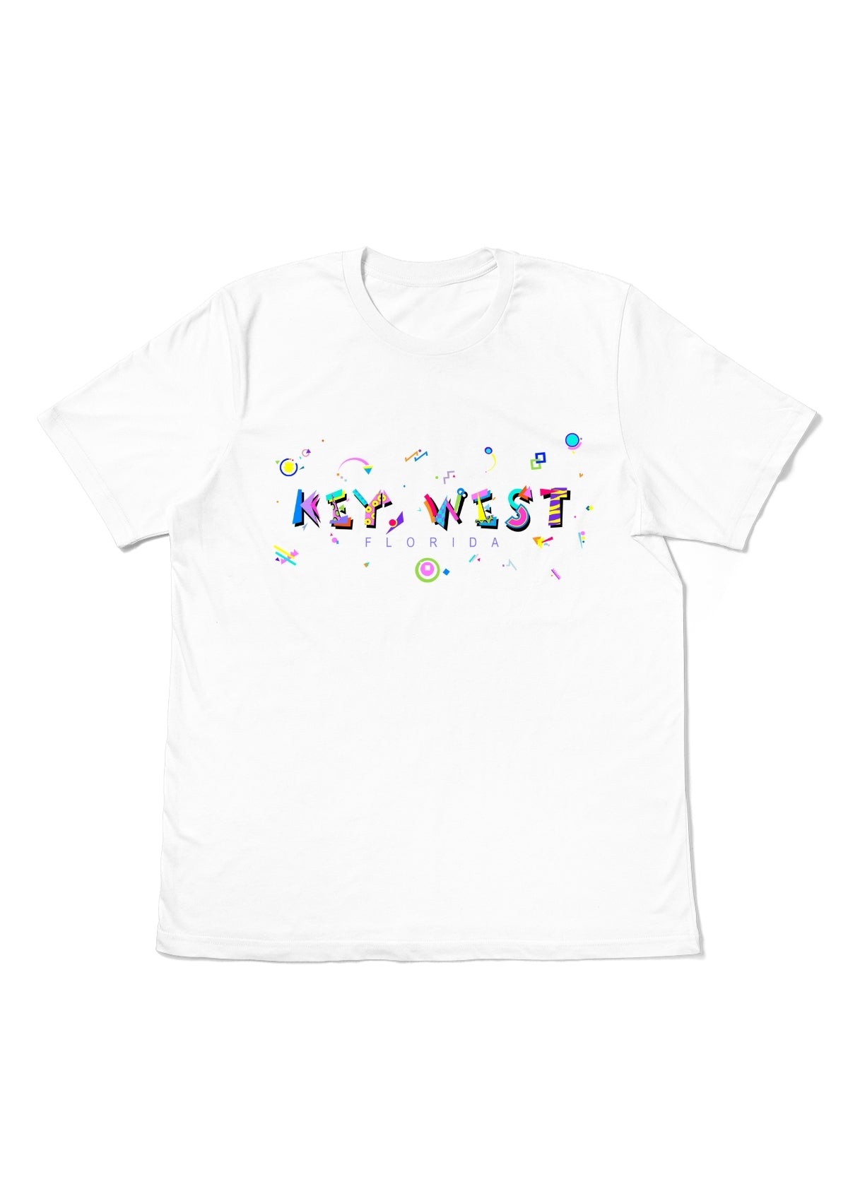 KEY WEST, FLORIDA, printed colorful Memphis font white flat tee