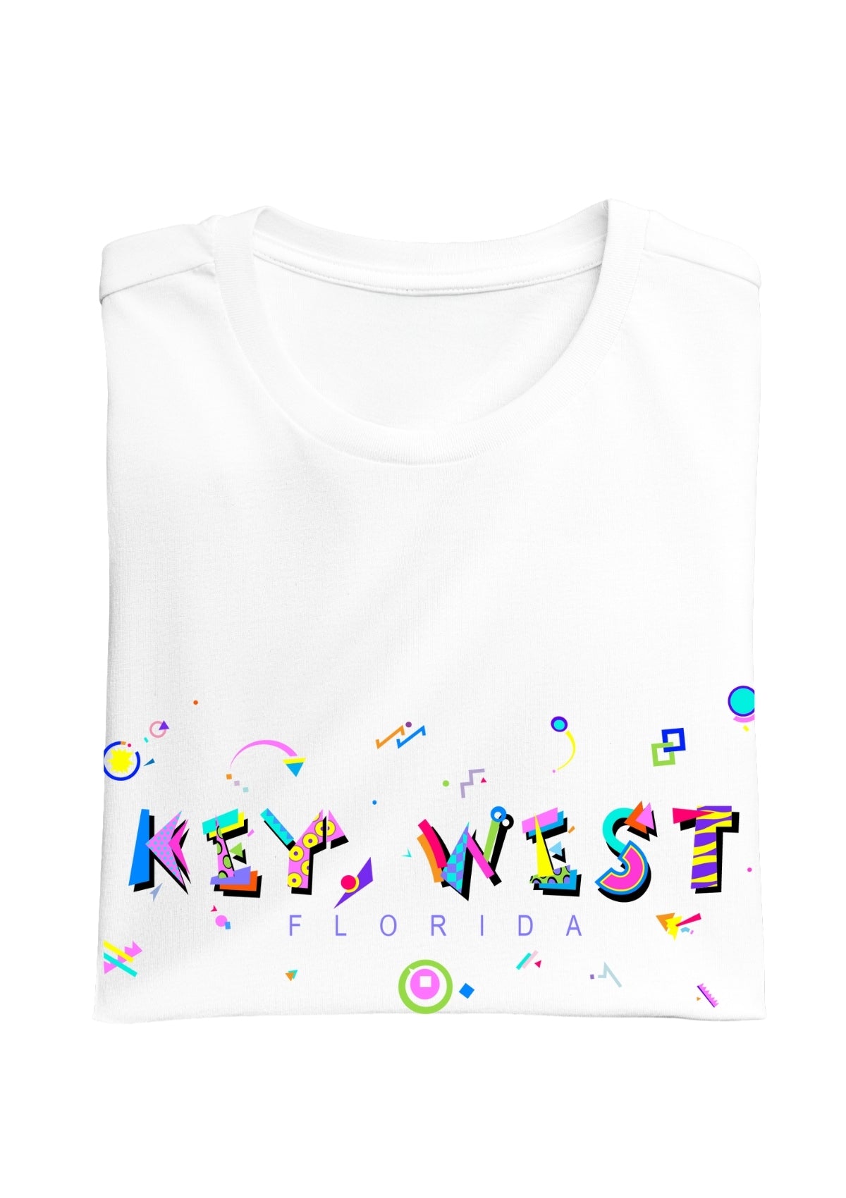 KEY WEST, FLORIDA, colorful Memphis Style Font on white folded tee