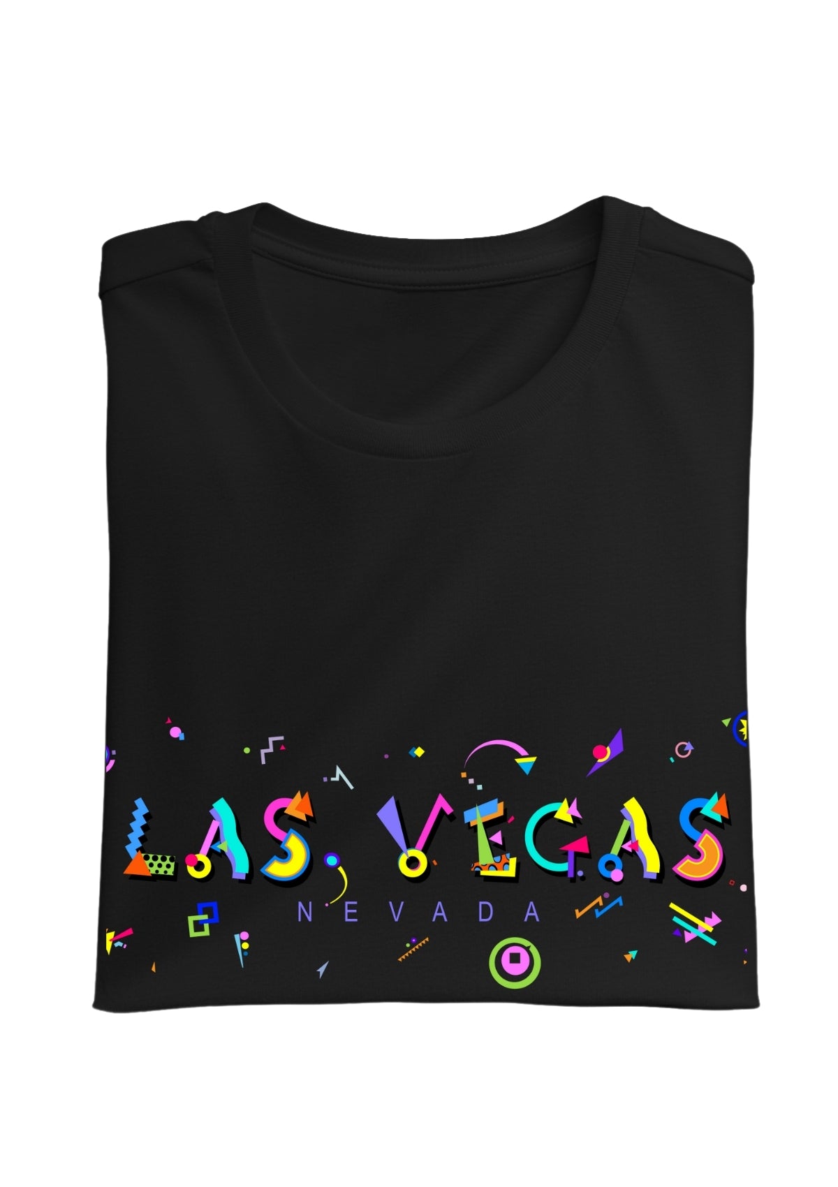 LAS VEGAS, NEVADA, printed colorful Memphis font black folded tee