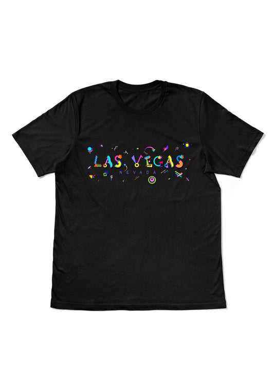 LAS VEGAS, NEVADA, printed colorful Memphis style font black flat tee