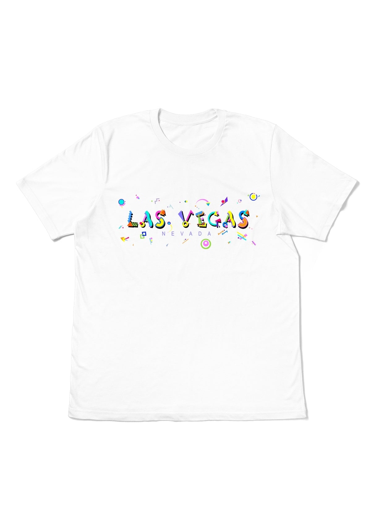 LAS VEGAS, NEVADA, printed colorful Memphis font white flat tee