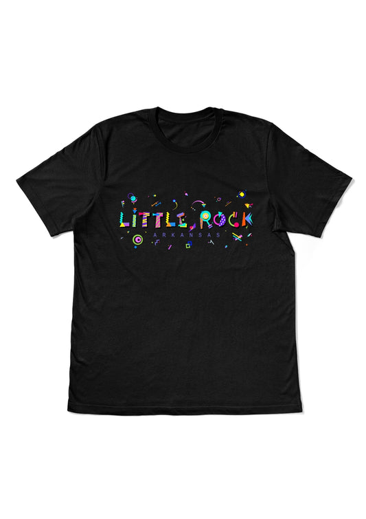 LITTLE ROCK, ARKANSAS, printed colorful Memphis style font black flat tee