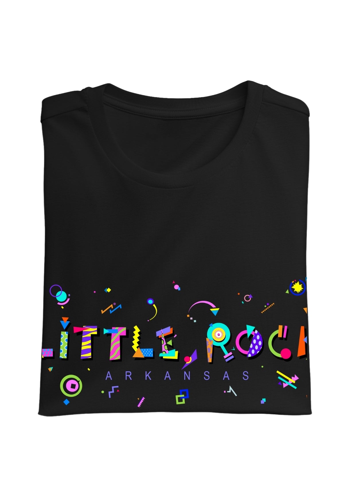 LITTLE ROCK, ARKANSAS, printed colorful Memphis font black folded tee