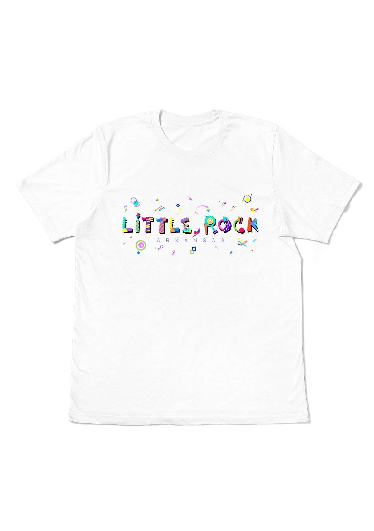 LITTLE ROCK, ARKANSAS, printed colorful Memphis font white flat tee
