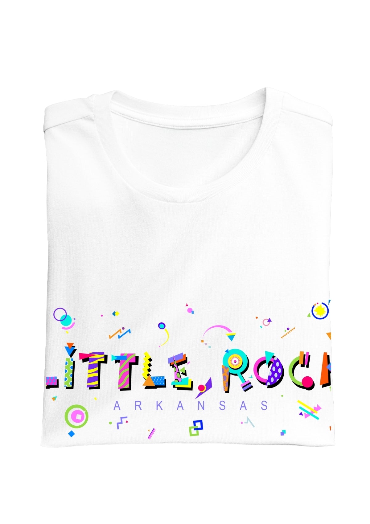 LITTLE ROCK, ARKANSAS, colorful Memphis Style Font on white folded tee