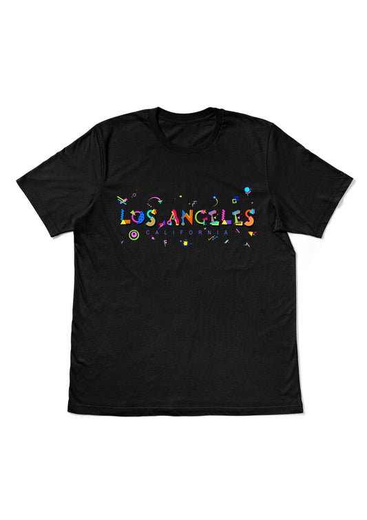 LOS ANGELES, CALIFORNIA, printed colorful Memphis style font black flat tee