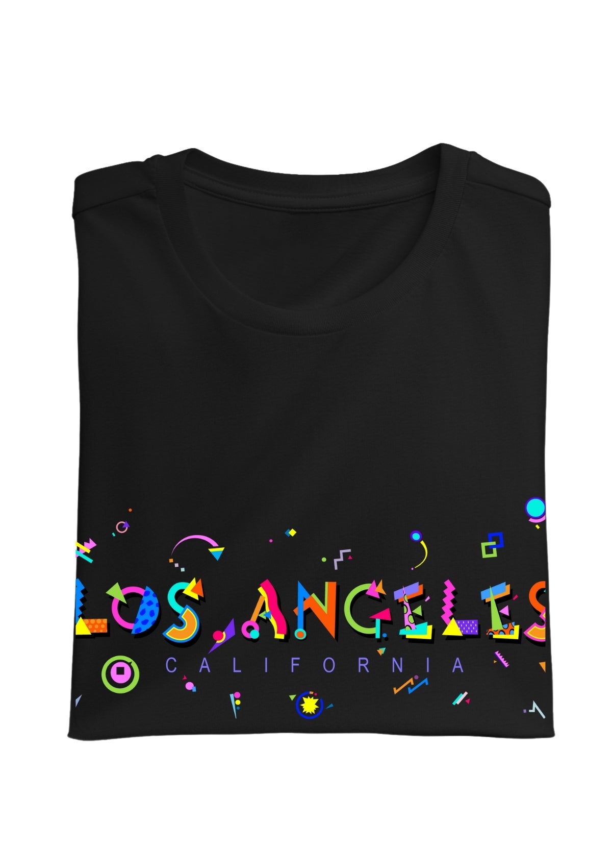 LOS ANGELES, CALIFORNIA, printed colorful Memphis font black folded tee