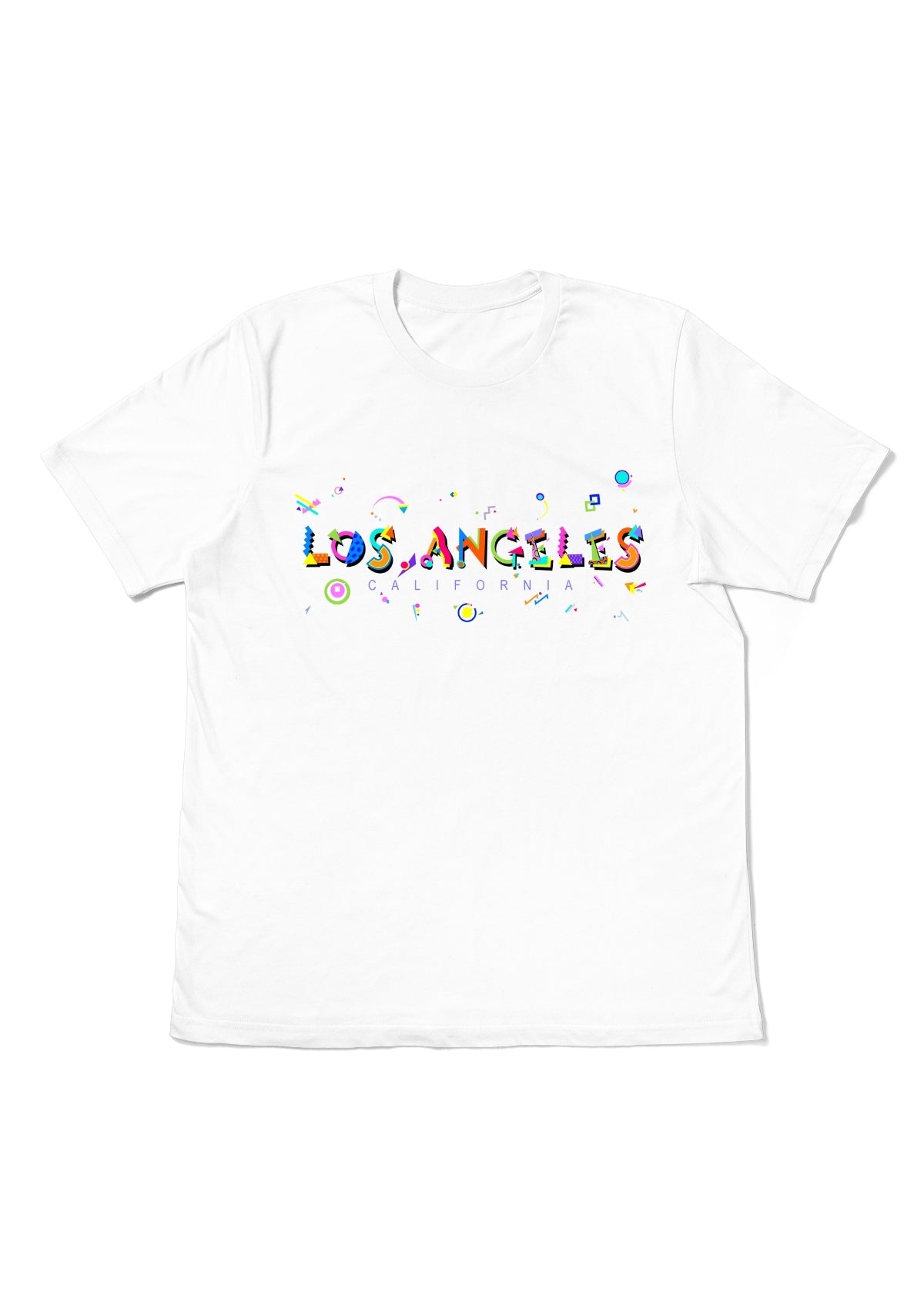 LOS ANGELES, CALIFORNIA, printed colorful Memphis font white flat tee