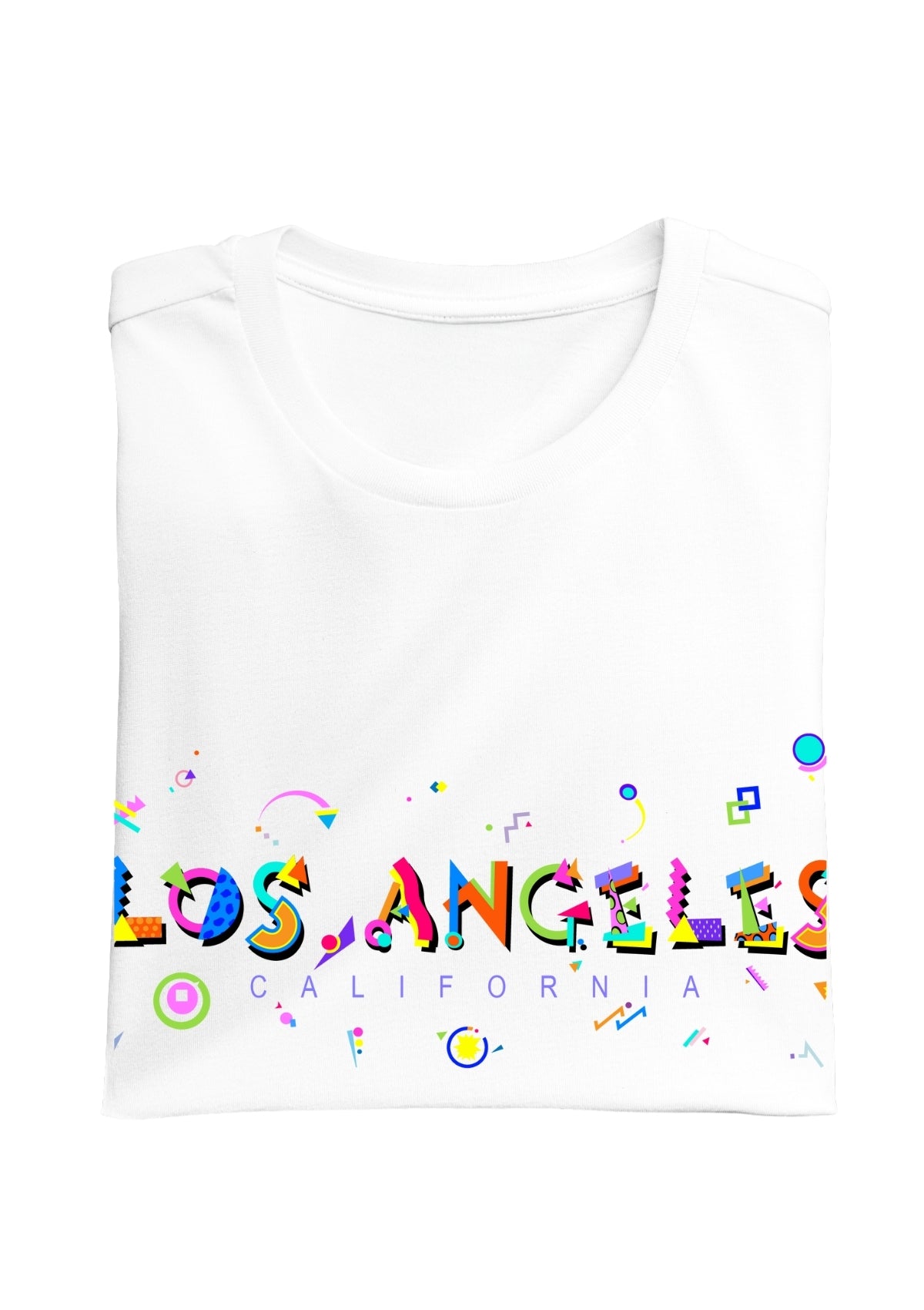 LOS ANGELES, CALIFORNIA, colorful Memphis Style Font on white folded tee
