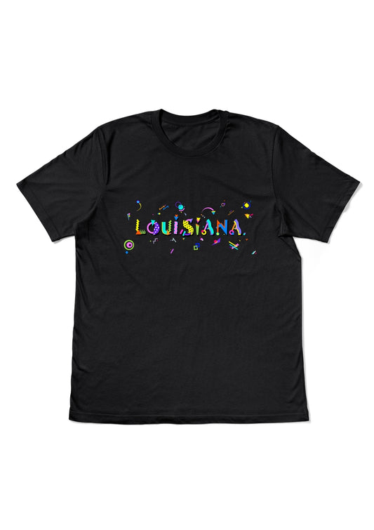 LOUISIANA, printed colorful Memphis style font black flat tee