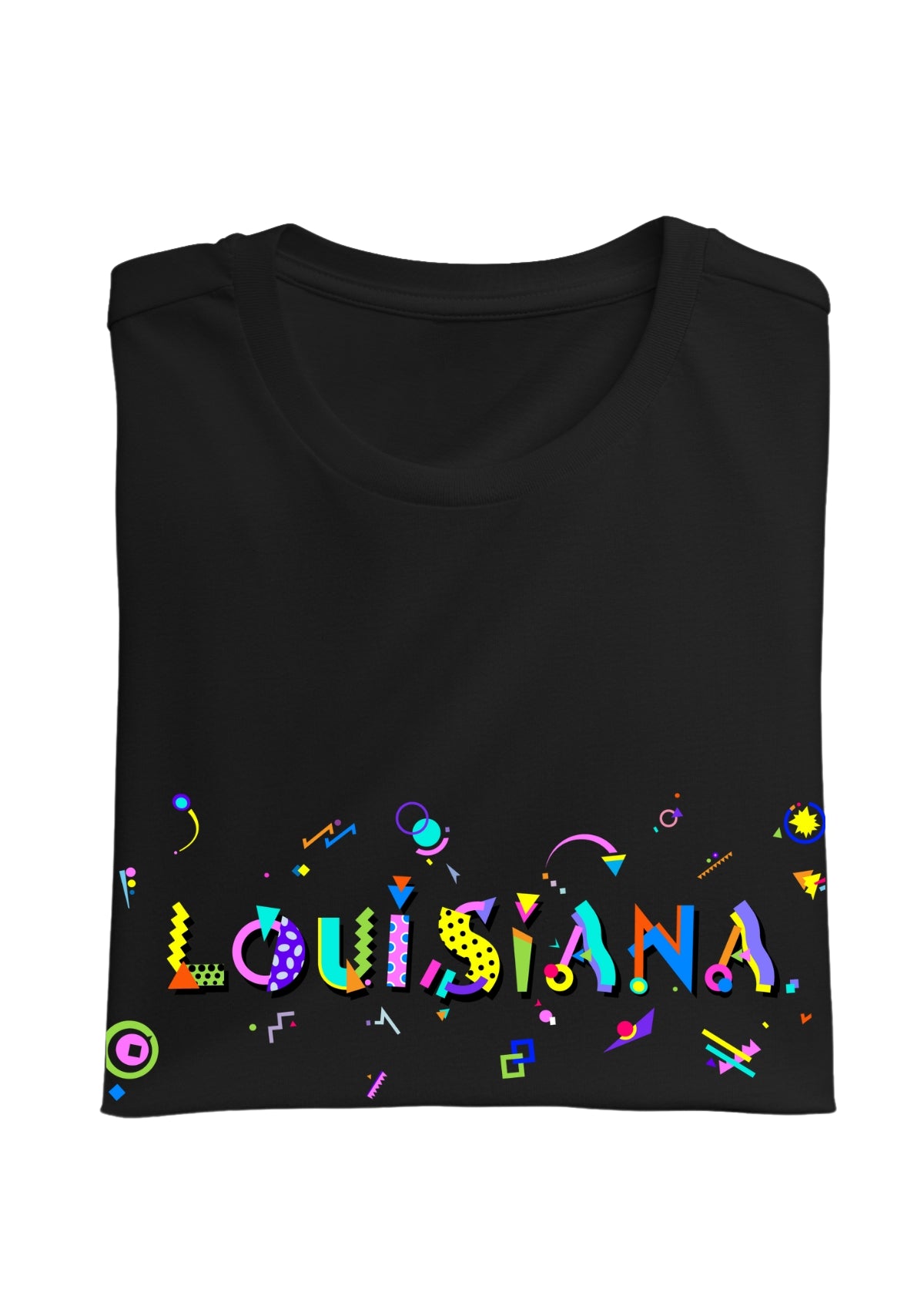 LOUISIANA, printed colorful Memphis font black folded tee